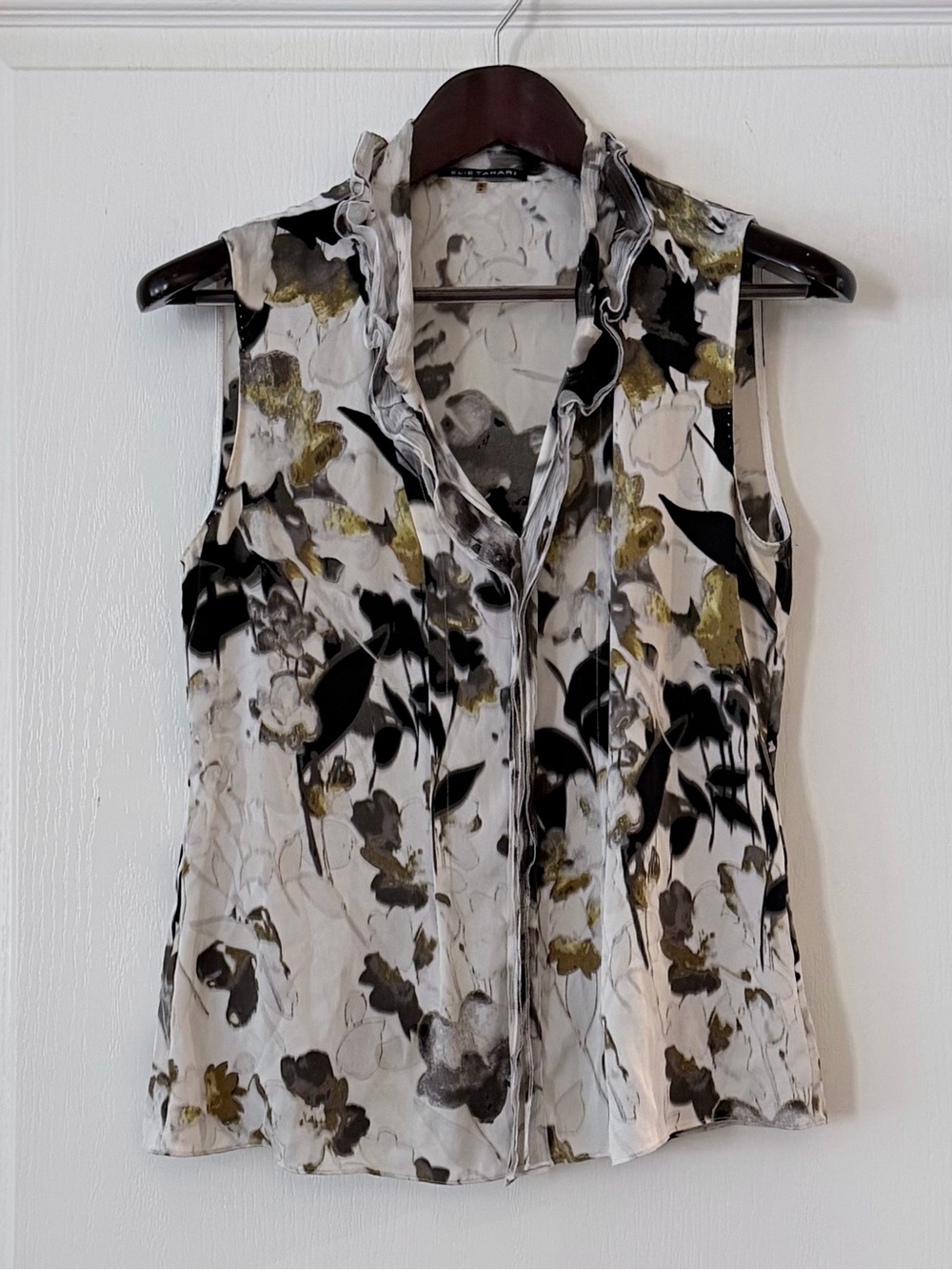 Elie Tahari Silk Sleeveless Floral Top in Black, White & Gold